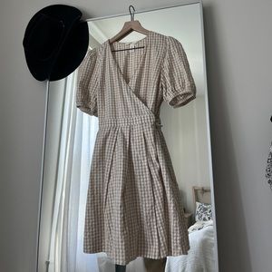 wrap gingham tan dress